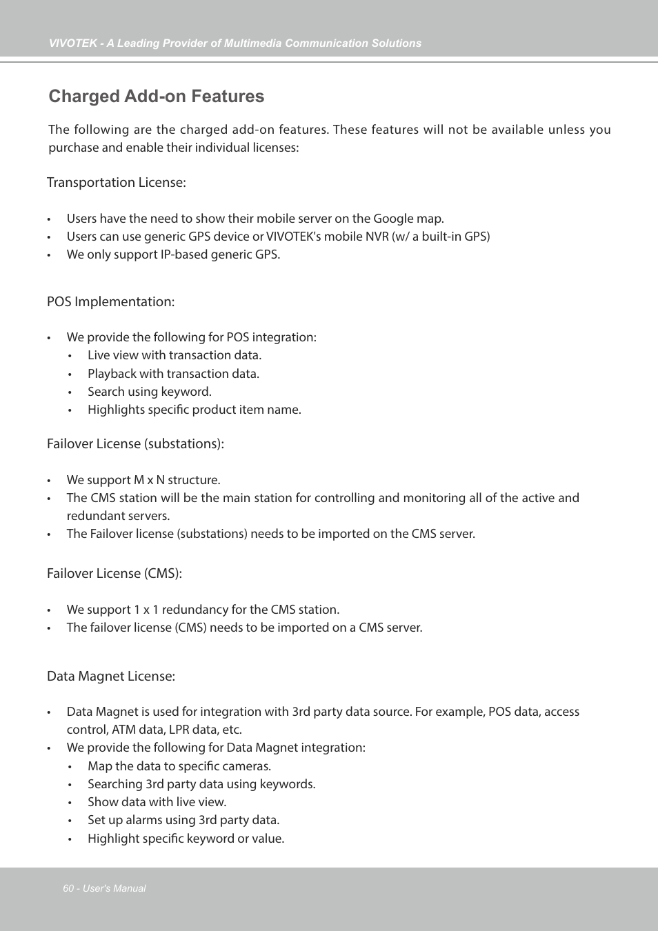 Charged add-on features | Vivotek NR9682-v2 64-Channel NVR (No HDD) User Manual | Page 60 / 296