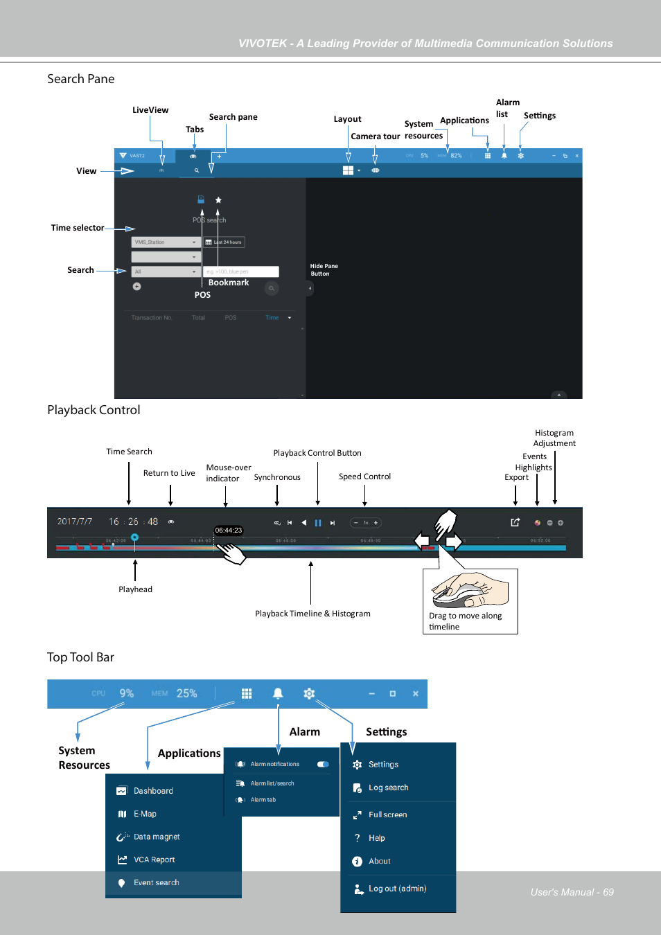 Search pane playback control, Top tool bar | Vivotek NR9682-v2 64-Channel NVR (No HDD) User Manual | Page 69 / 296