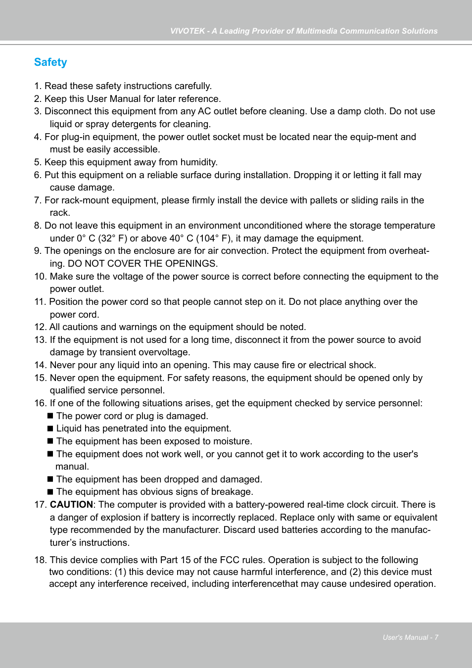 Safety | Vivotek NR9682-v2 64-Channel NVR (No HDD) User Manual | Page 7 / 296