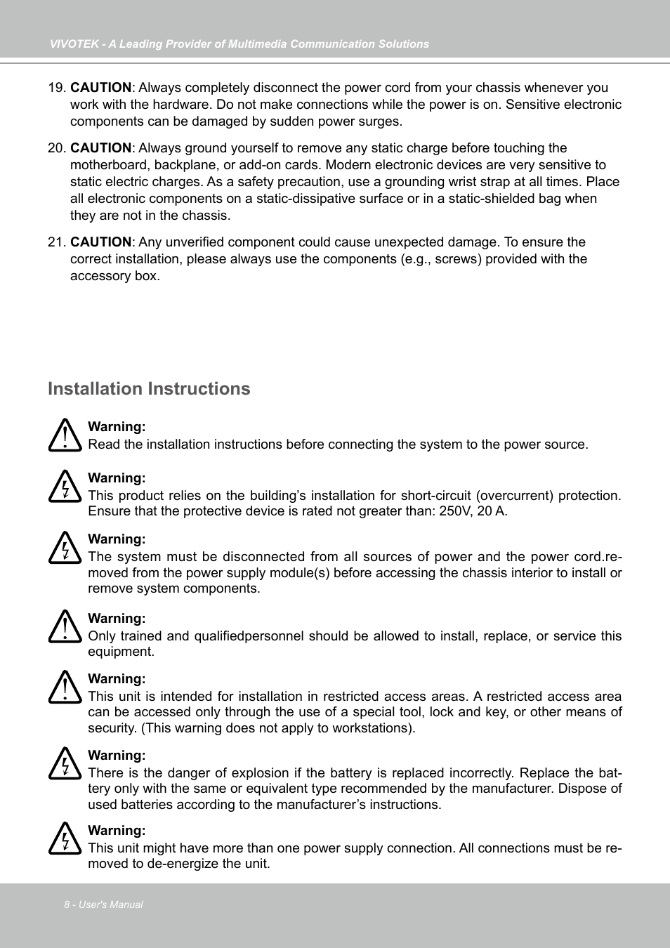 Installation instructions | Vivotek NR9682-v2 64-Channel NVR (No HDD) User Manual | Page 8 / 296