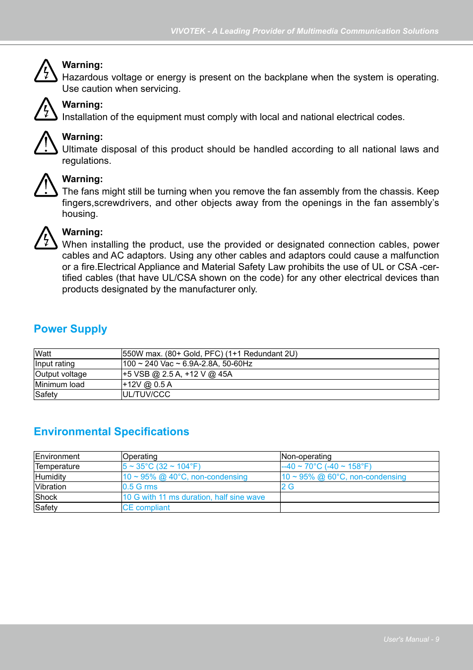 Power supply, Environmental specifications | Vivotek NR9682-v2 64-Channel NVR (No HDD) User Manual | Page 9 / 296
