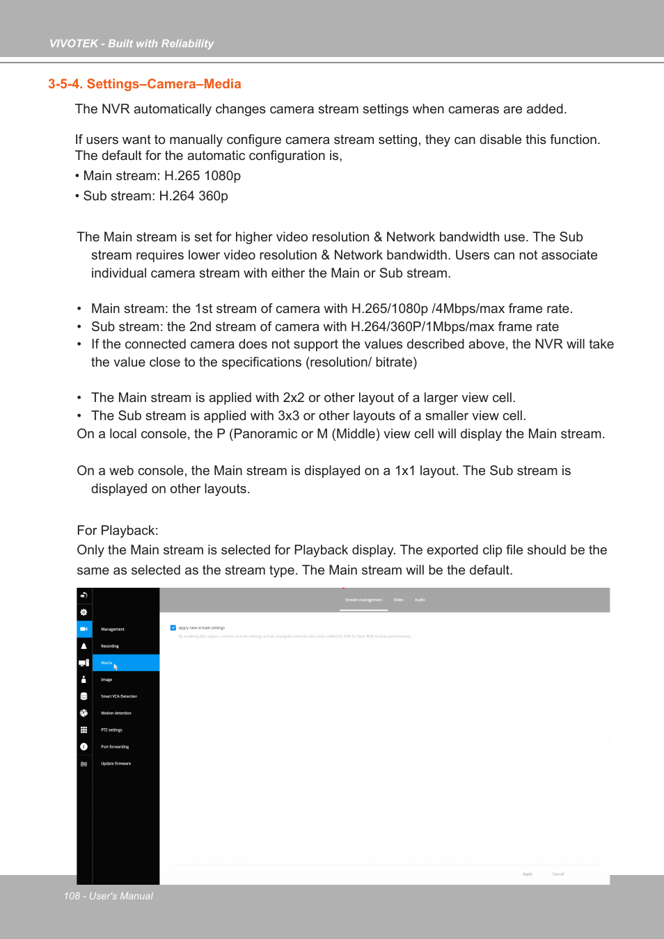 5-4. settings–camera–media | Vivotek ND9542P 32-Channel 4K UHD NVR (No HDD) User Manual | Page 108 / 197