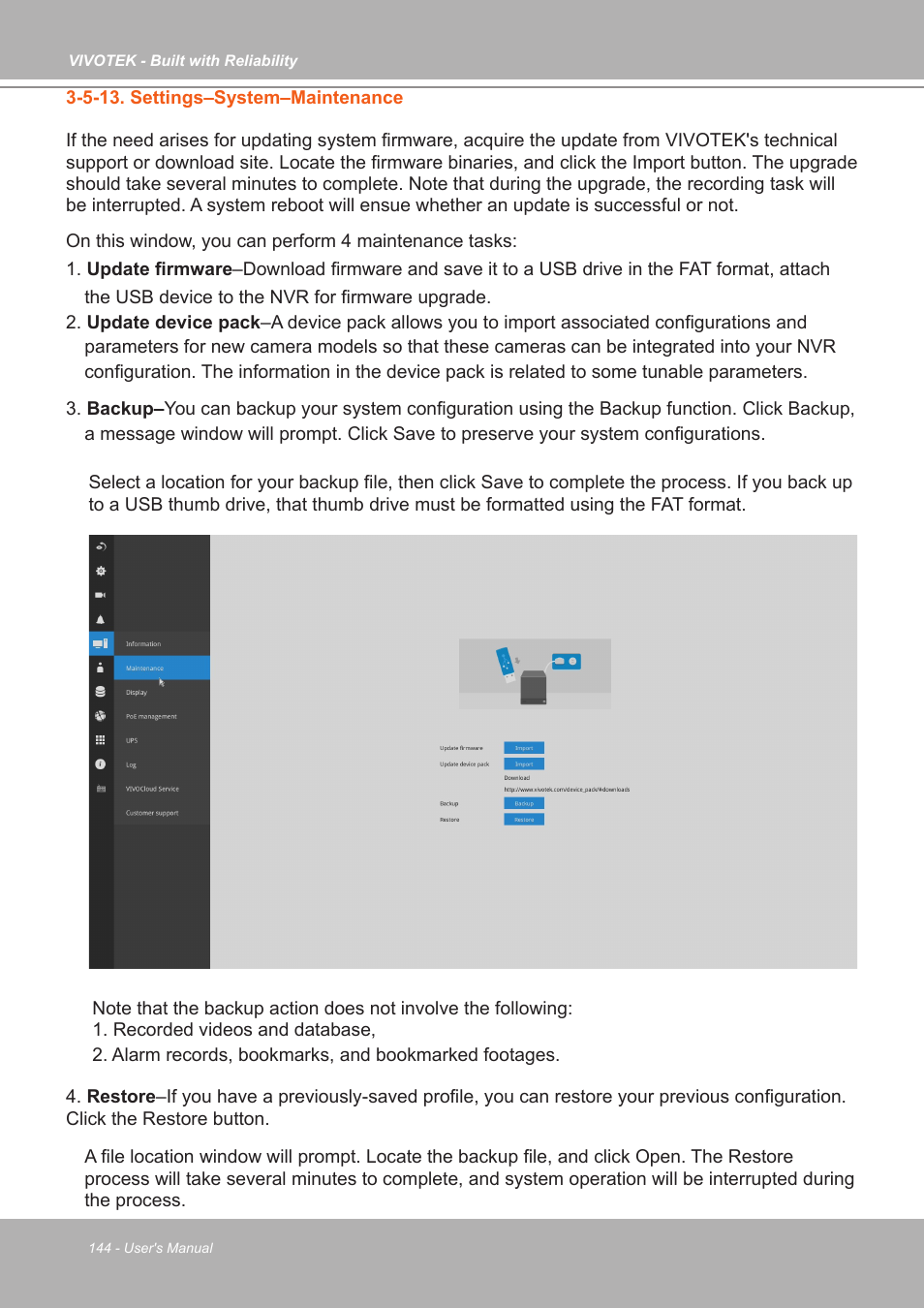 5-13. settings–system–maintenance | Vivotek ND9542P 32-Channel 4K UHD NVR (No HDD) User Manual | Page 144 / 197