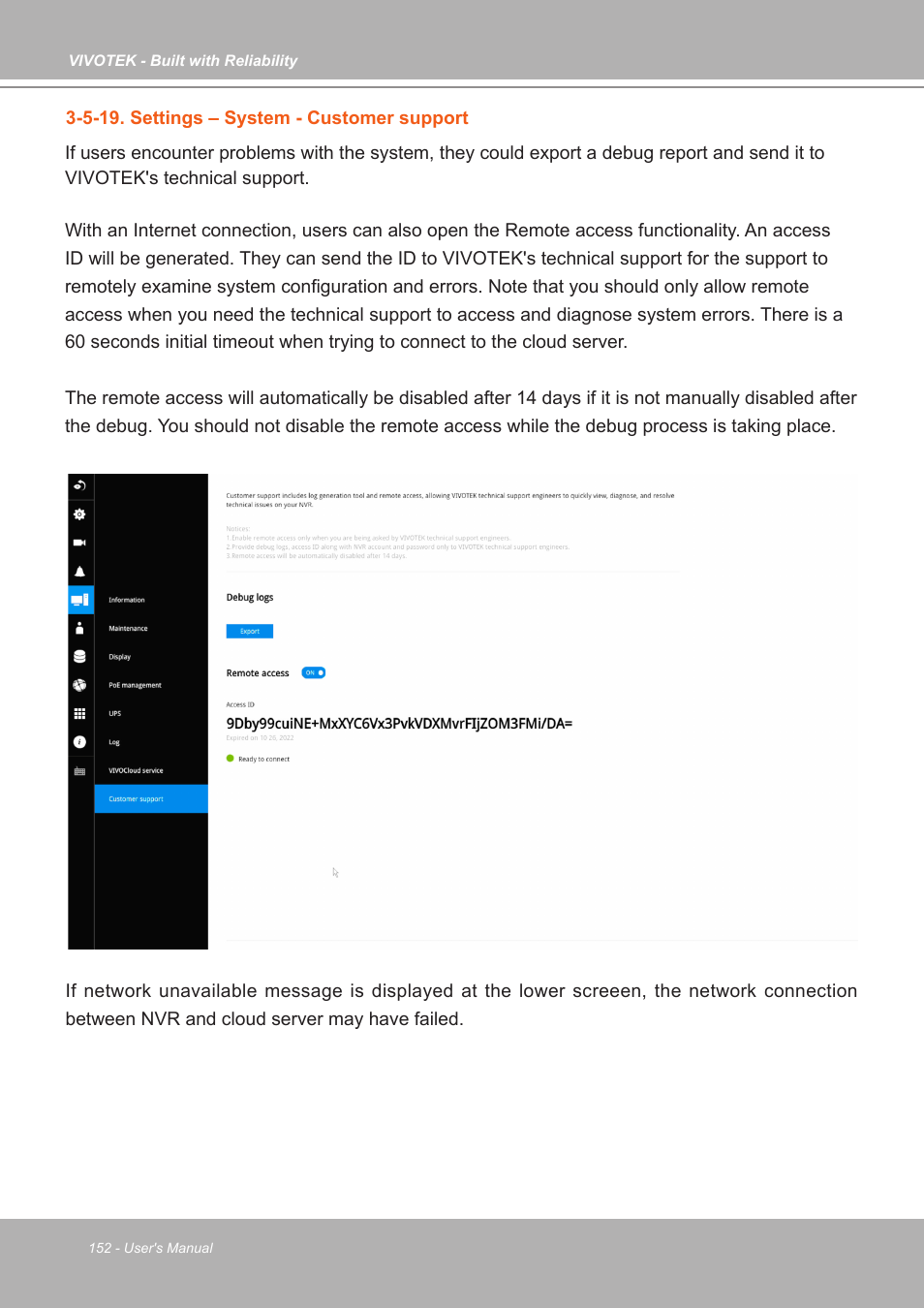 5-19. settings – system - customer support | Vivotek ND9542P 32-Channel 4K UHD NVR (No HDD) User Manual | Page 152 / 197
