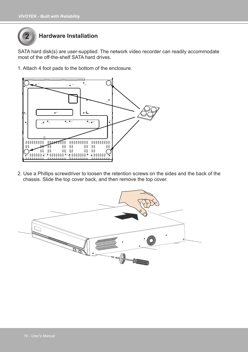 Hardware installation, Vivotek - built with reliability, 16 - user's manual | Vivotek ND9542P 32-Channel 4K UHD NVR (No HDD) User Manual | Page 16 / 197