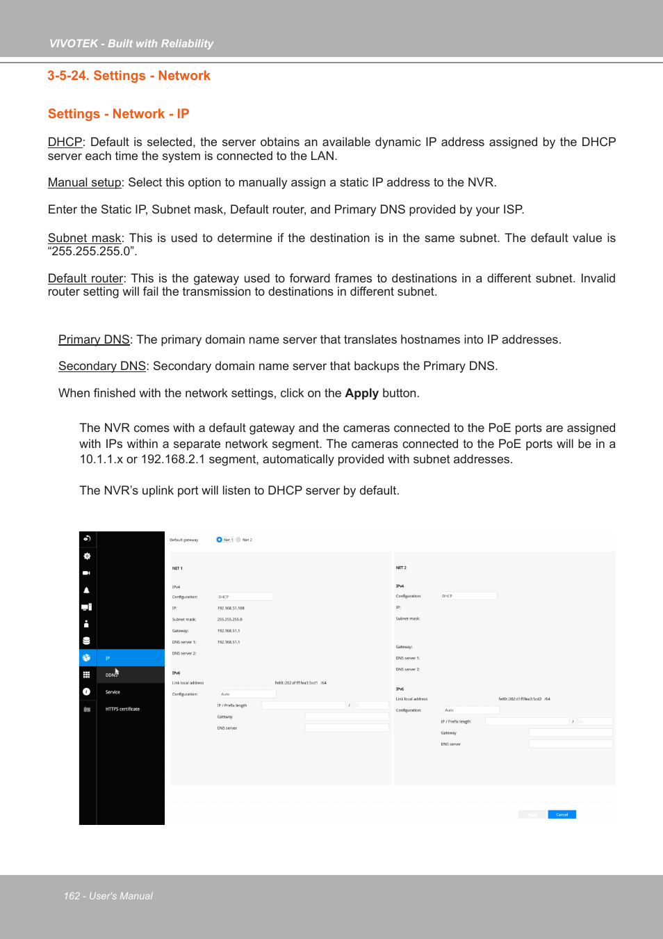 5-24. settings - network, Settings - network - ip | Vivotek ND9542P 32-Channel 4K UHD NVR (No HDD) User Manual | Page 162 / 197