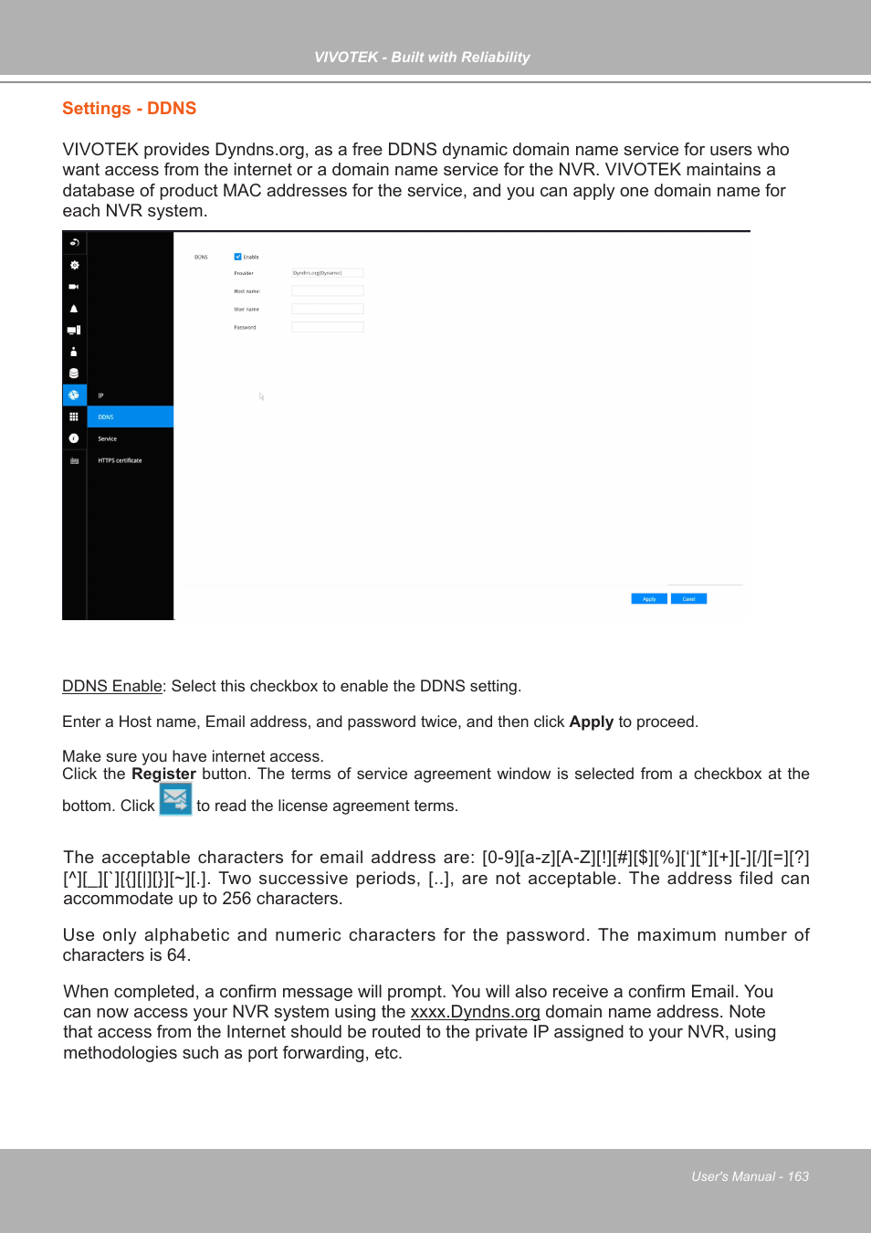Settings - ddns | Vivotek ND9542P 32-Channel 4K UHD NVR (No HDD) User Manual | Page 163 / 197
