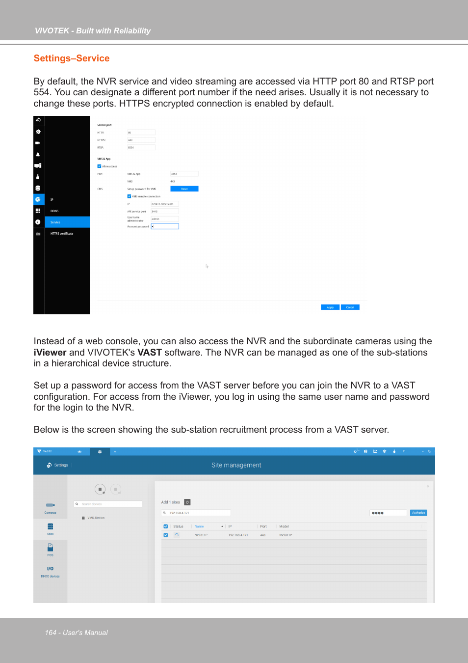 Settings–service | Vivotek ND9542P 32-Channel 4K UHD NVR (No HDD) User Manual | Page 164 / 197