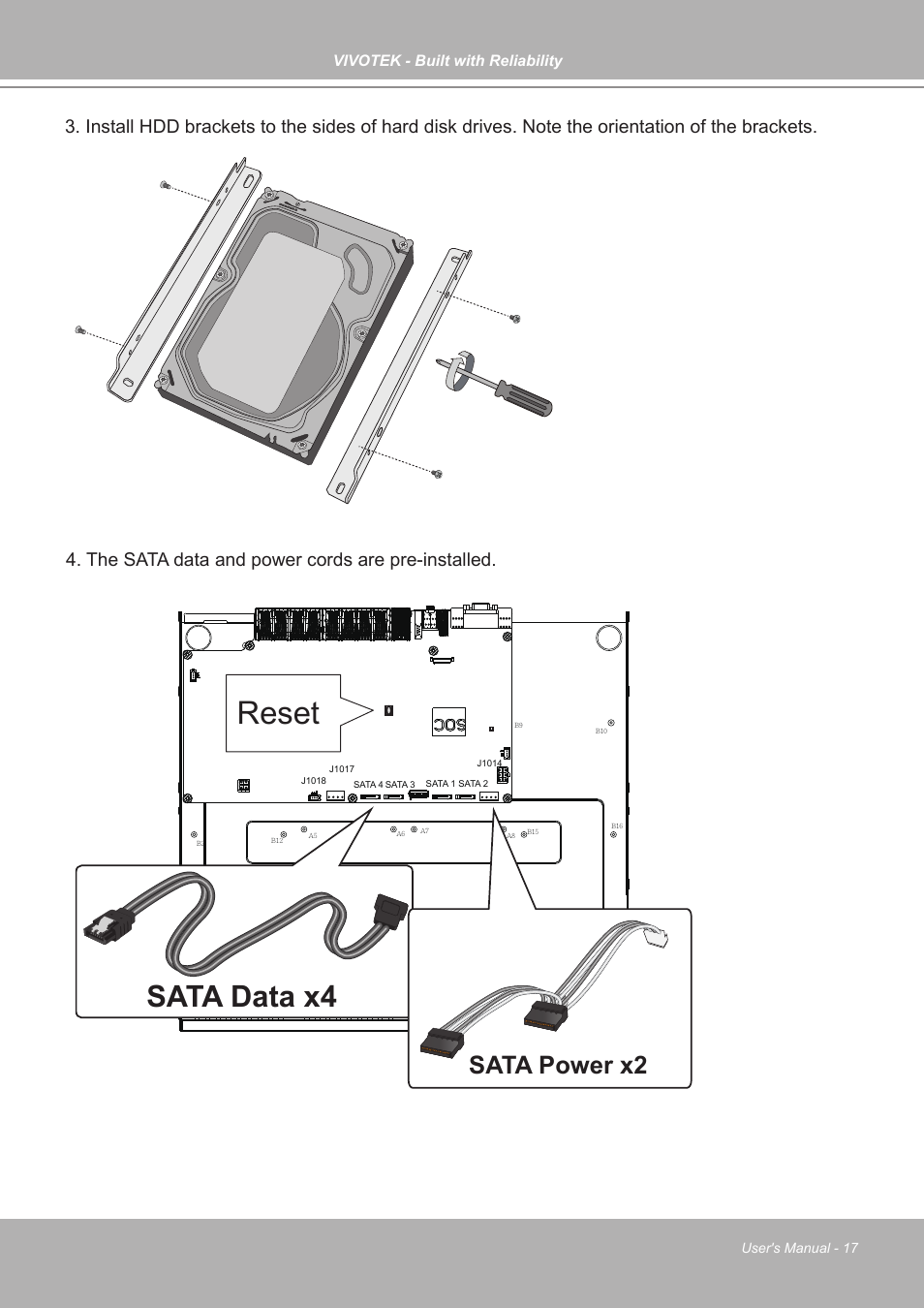 Reset, Sata data x4, Sata power x2 | Vivotek - built with reliability | Vivotek ND9542P 32-Channel 4K UHD NVR (No HDD) User Manual | Page 17 / 197