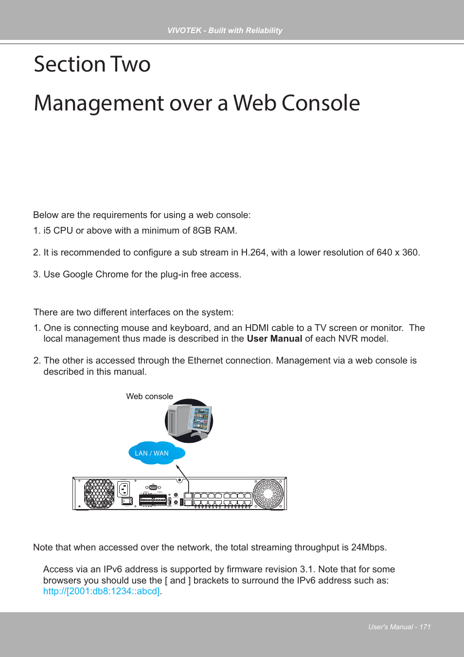 Section two, Management over a web console, Section two management over a web console | Vivotek - built with reliability, Web console, User's manual - 171, Lan / wan | Vivotek ND9542P 32-Channel 4K UHD NVR (No HDD) User Manual | Page 171 / 197