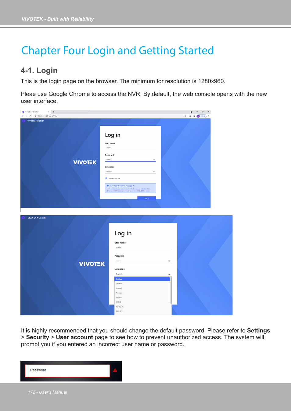 Chapter four login and getting started, 1. login | Vivotek ND9542P 32-Channel 4K UHD NVR (No HDD) User Manual | Page 172 / 197