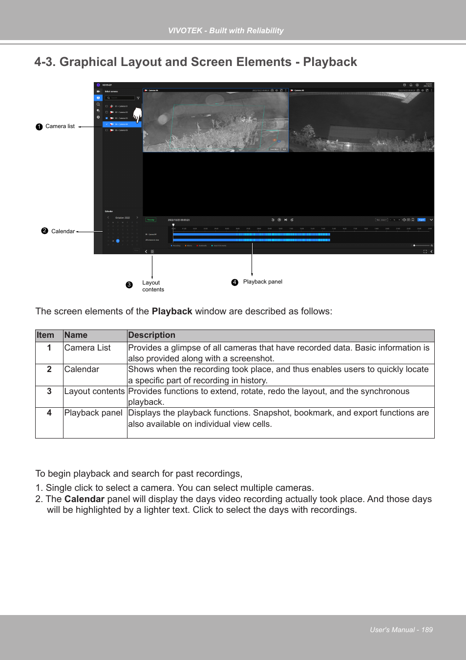 3. graphical layout and screen elements - playback | Vivotek ND9542P 32-Channel 4K UHD NVR (No HDD) User Manual | Page 189 / 197