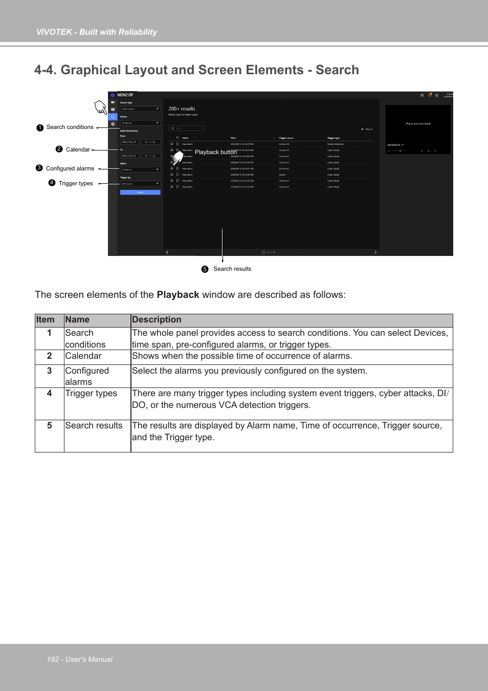4. graphical layout and screen elements - search | Vivotek ND9542P 32-Channel 4K UHD NVR (No HDD) User Manual | Page 192 / 197