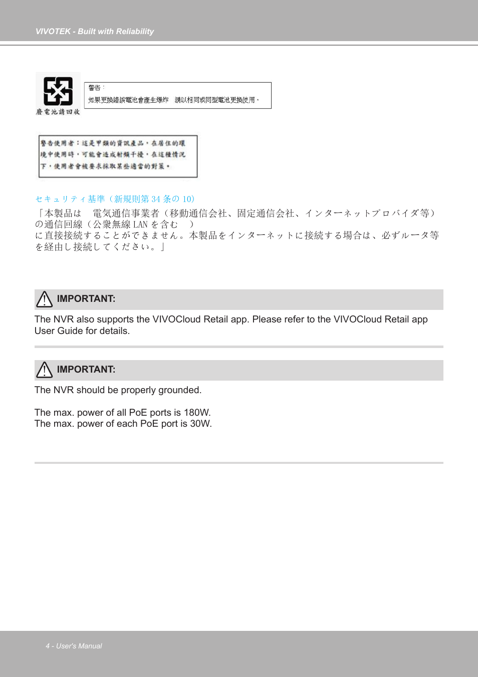 Vivotek ND9542P 32-Channel 4K UHD NVR (No HDD) User Manual | Page 4 / 197