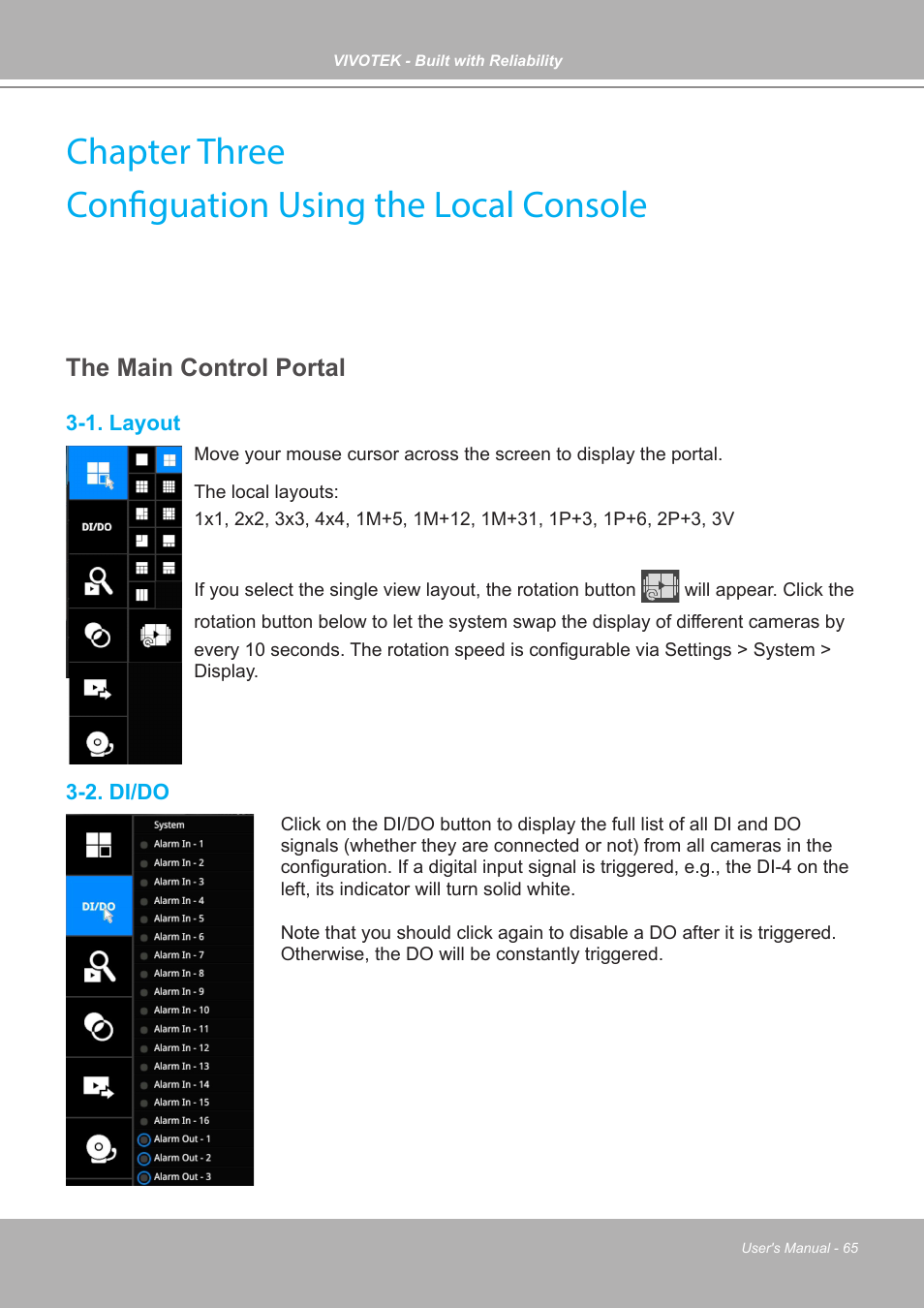 Chapter three, Configuation using the local console, The main control portal | 1. layout, 2. di/do, Chapter three configuation using the local console | Vivotek ND9542P 32-Channel 4K UHD NVR (No HDD) User Manual | Page 65 / 197