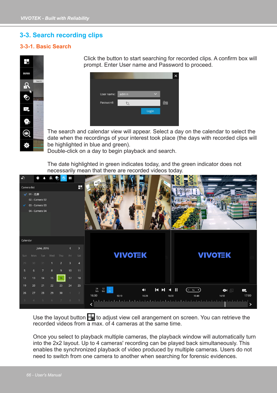 3. search recording clips, 3-1. basic search | Vivotek ND9542P 32-Channel 4K UHD NVR (No HDD) User Manual | Page 66 / 197