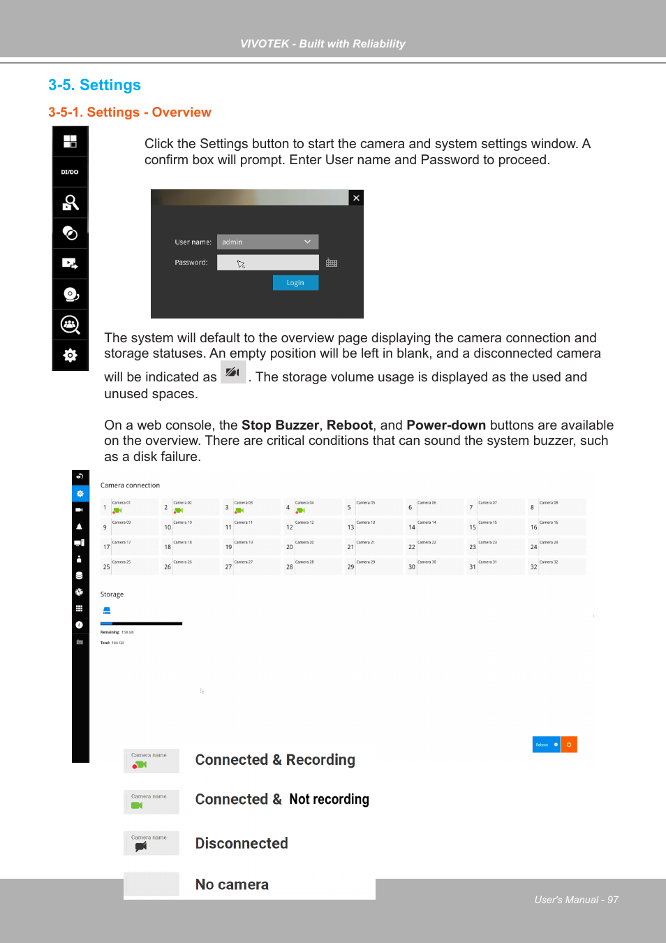 5. settings, 5-1. settings - overview | Vivotek ND9542P 32-Channel 4K UHD NVR (No HDD) User Manual | Page 97 / 197