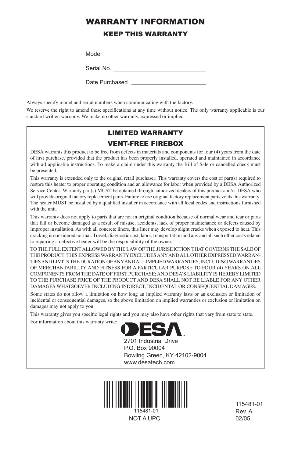 Warranty information, Limited warranty vent-free firebox, Keep this warranty | Desa HCA-24-RFN User Manual | Page 20 / 20