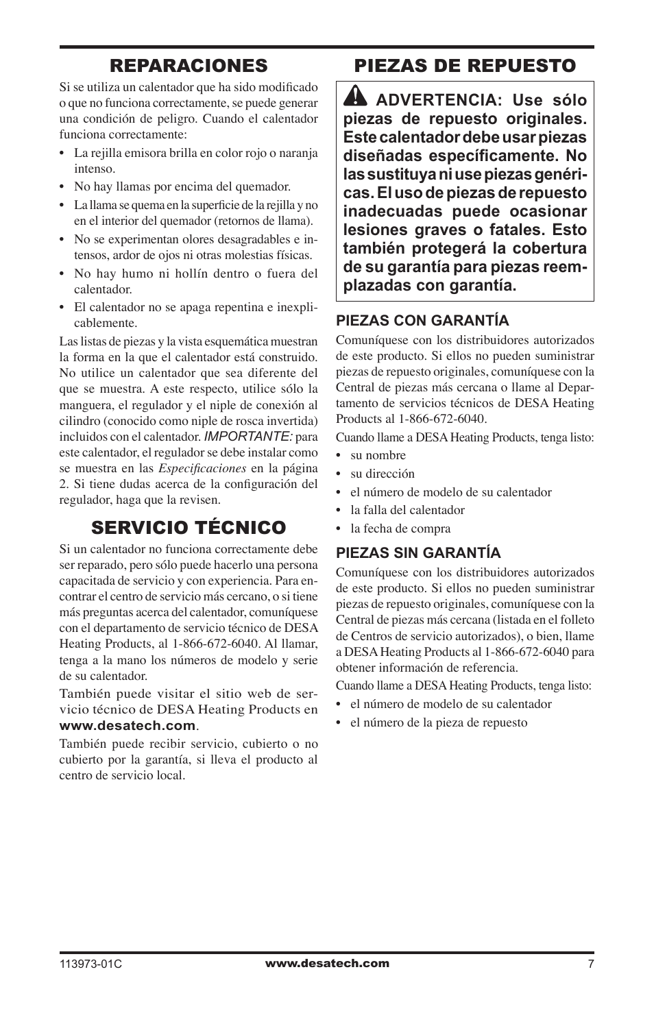 Reparaciones, Servicio técnico, Piezas de repuesto | Desa 000-15 User Manual | Page 17 / 32
