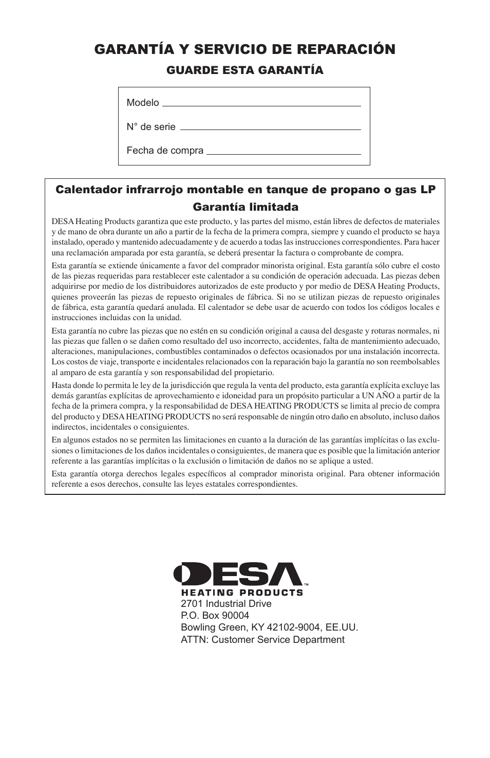 Garantía y servicio de reparación, Guarde esta garantía | Desa 000-15 User Manual | Page 20 / 32