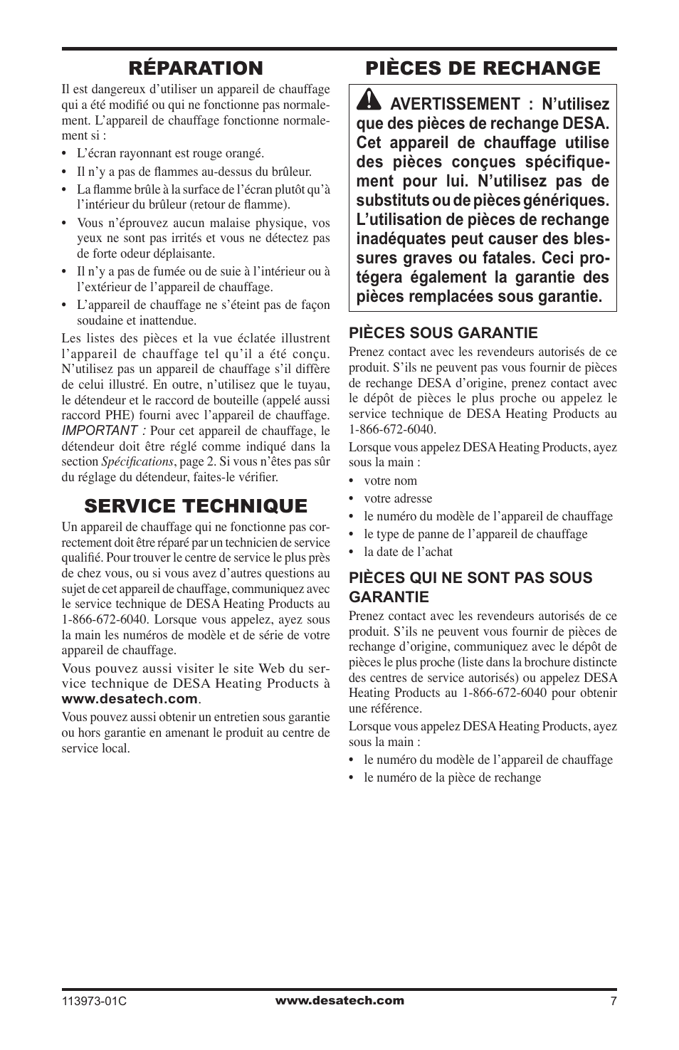 Réparation, Service technique, Pièces de rechange | Desa 000-15 User Manual | Page 27 / 32