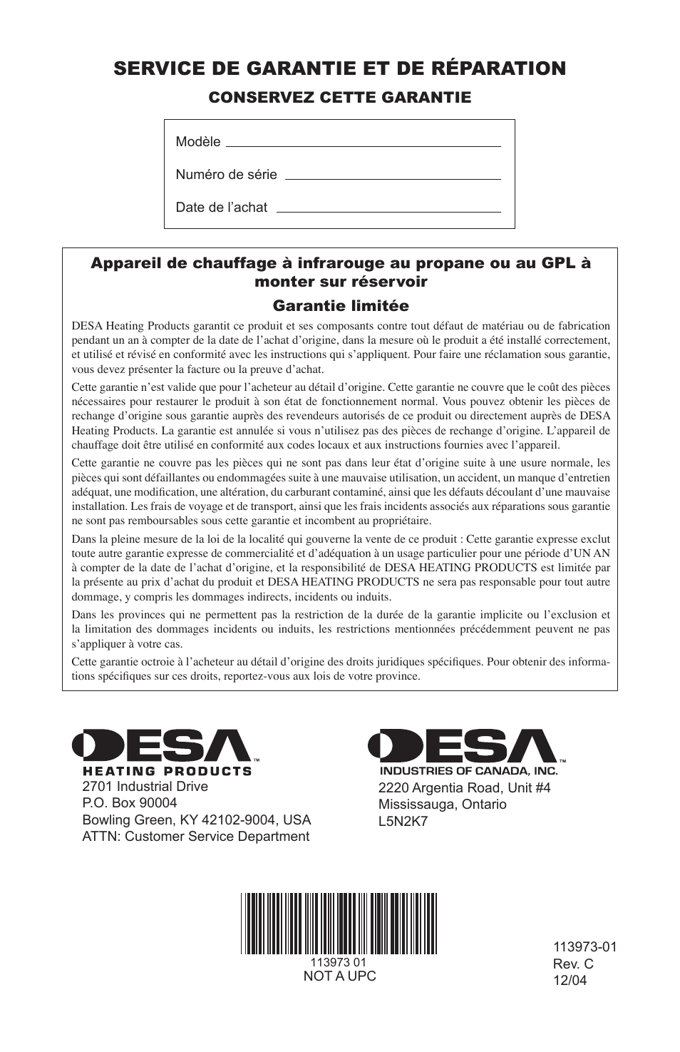 Service de garantie et de réparation | Desa 000-15 User Manual | Page 32 / 32