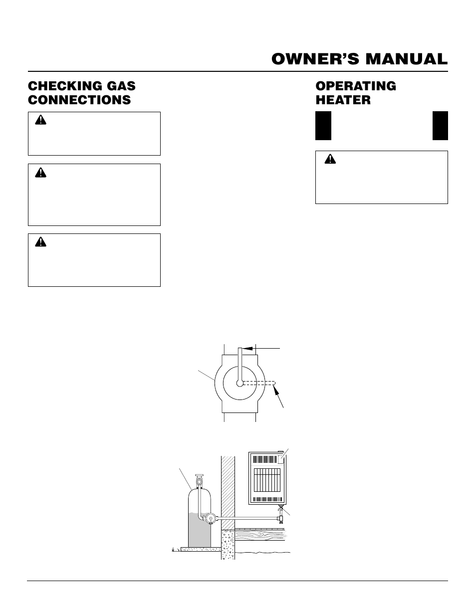 Owner’s manual, Checking gas connections, Operating heater | Desa CGP10A User Manual | Page 9 / 20