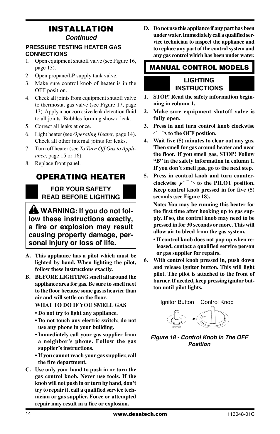 Installation, Operating heater | Desa GMP16 User Manual | Page 14 / 32