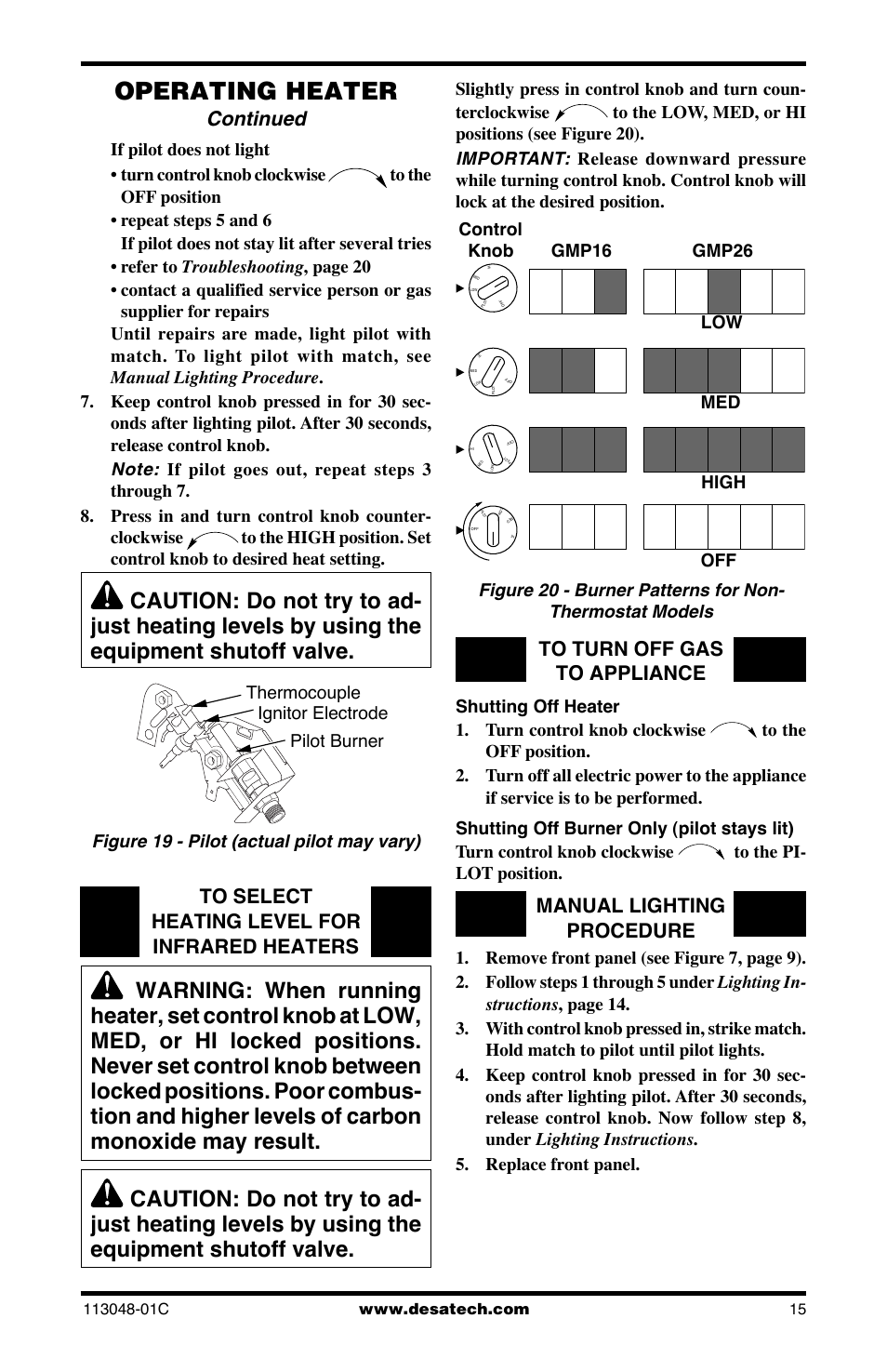 Operating heater, Continued, Manual lighting procedure | Desa GMP16 User Manual | Page 15 / 32
