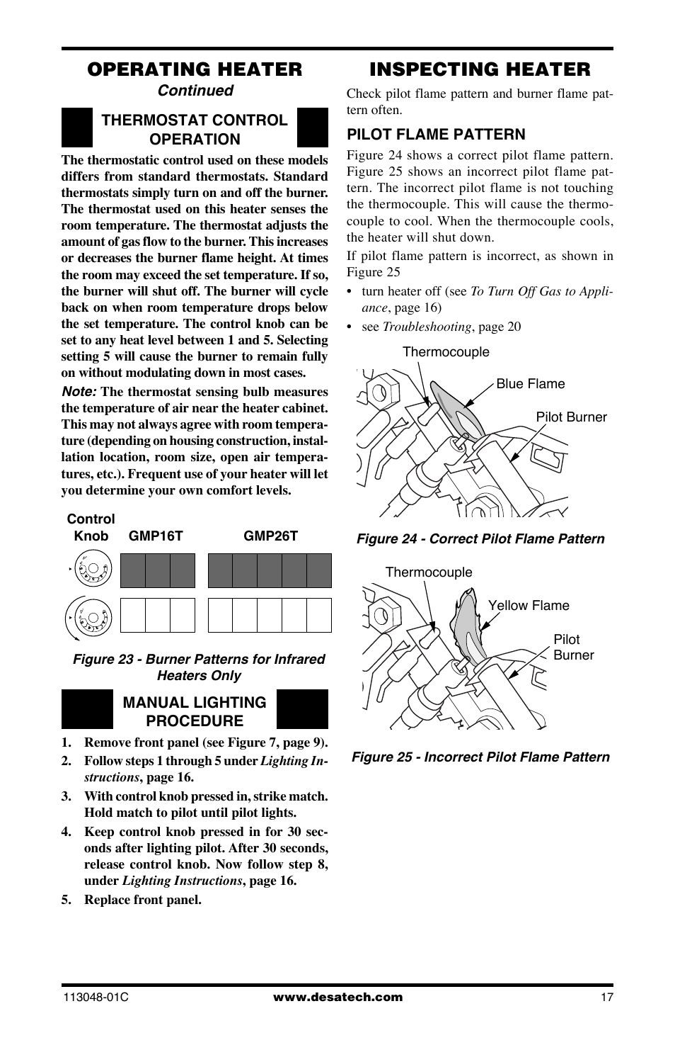 Operating heater, Inspecting heater, Continued | Thermostat control operation, Manual lighting procedure, Pilot flame pattern | Desa GMP16 User Manual | Page 17 / 32