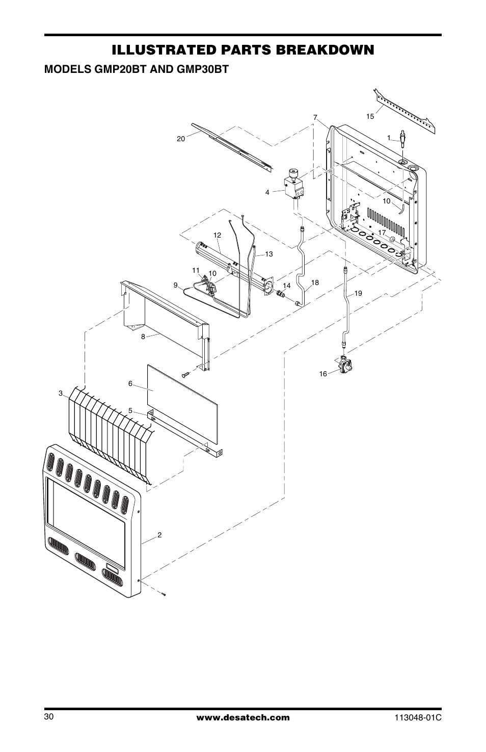 Illustrated parts breakdown, Models gmp20bt and gmp30bt | Desa GMP16 User Manual | Page 30 / 32