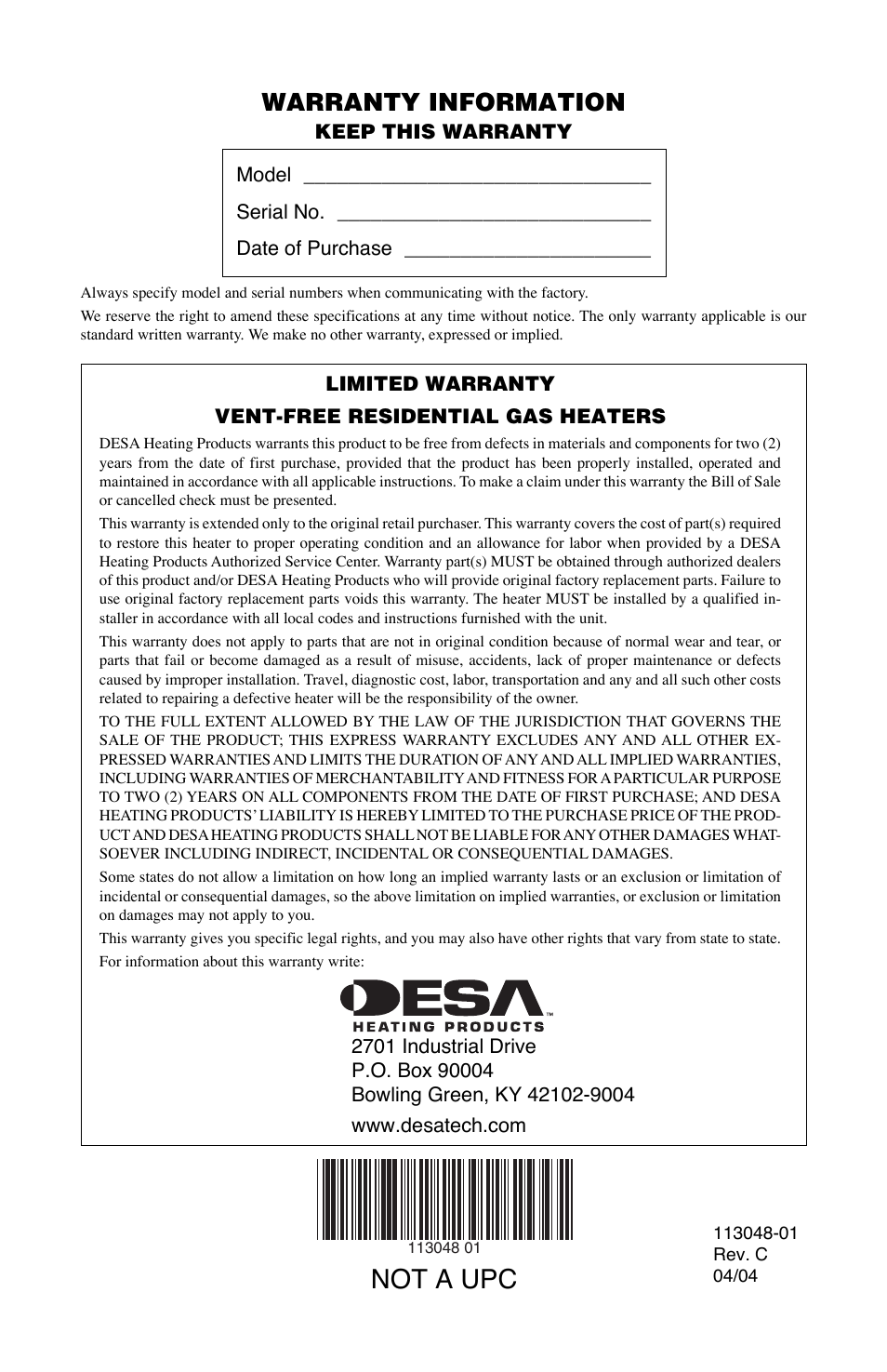 Not a upc, Warranty information | Desa GMP16 User Manual | Page 32 / 32