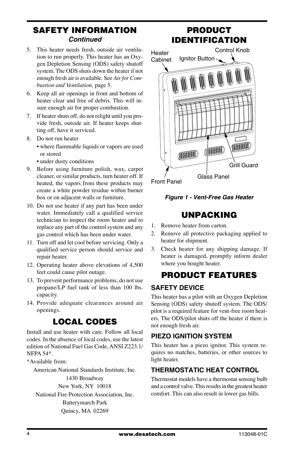 Safety information, Product identification, Local codes | Unpacking, Product features | Desa GMP16 User Manual | Page 4 / 32