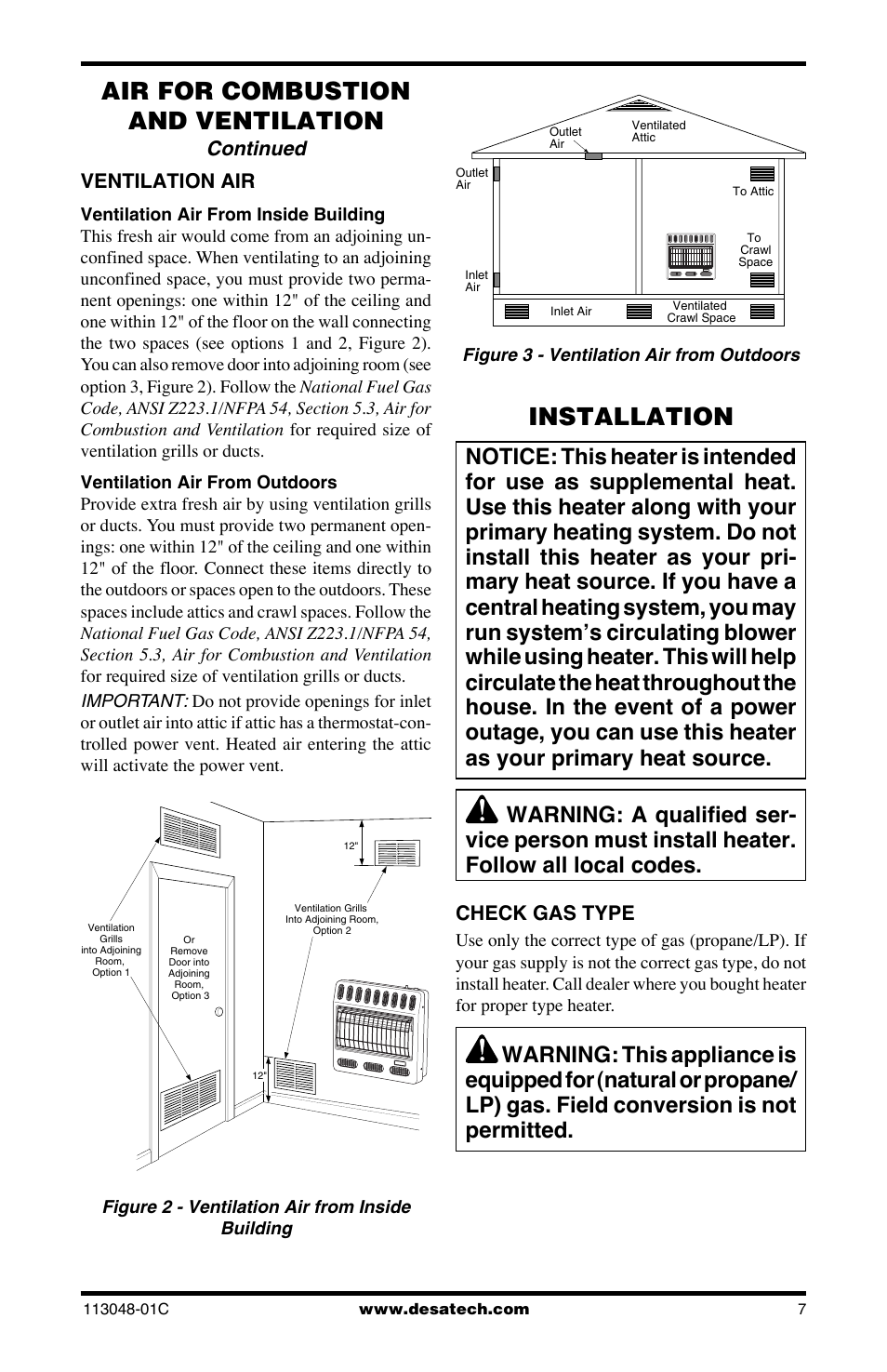 Air for combustion and ventilation, Installation, Continued | Ventilation air, Check gas type | Desa GMP16 User Manual | Page 7 / 32