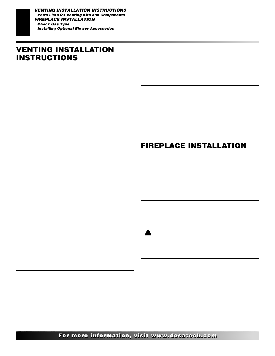 Venting installation instructions, Fireplace installation, Continued | Desa T32N User Manual | Page 16 / 38