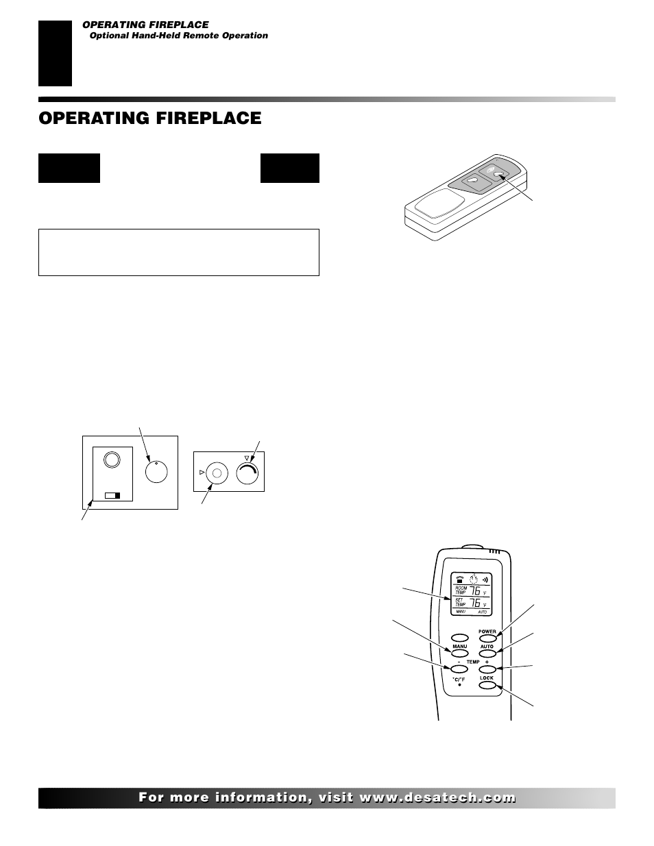 Operating fireplace, Continued, Optional hand-held remote operation | On/off series (models ghrcb and cghrcb), Thermostat series (models ghrctb and cghrctb), Manual mode, Auto (thermostatic) mode | Desa T32N User Manual | Page 26 / 38