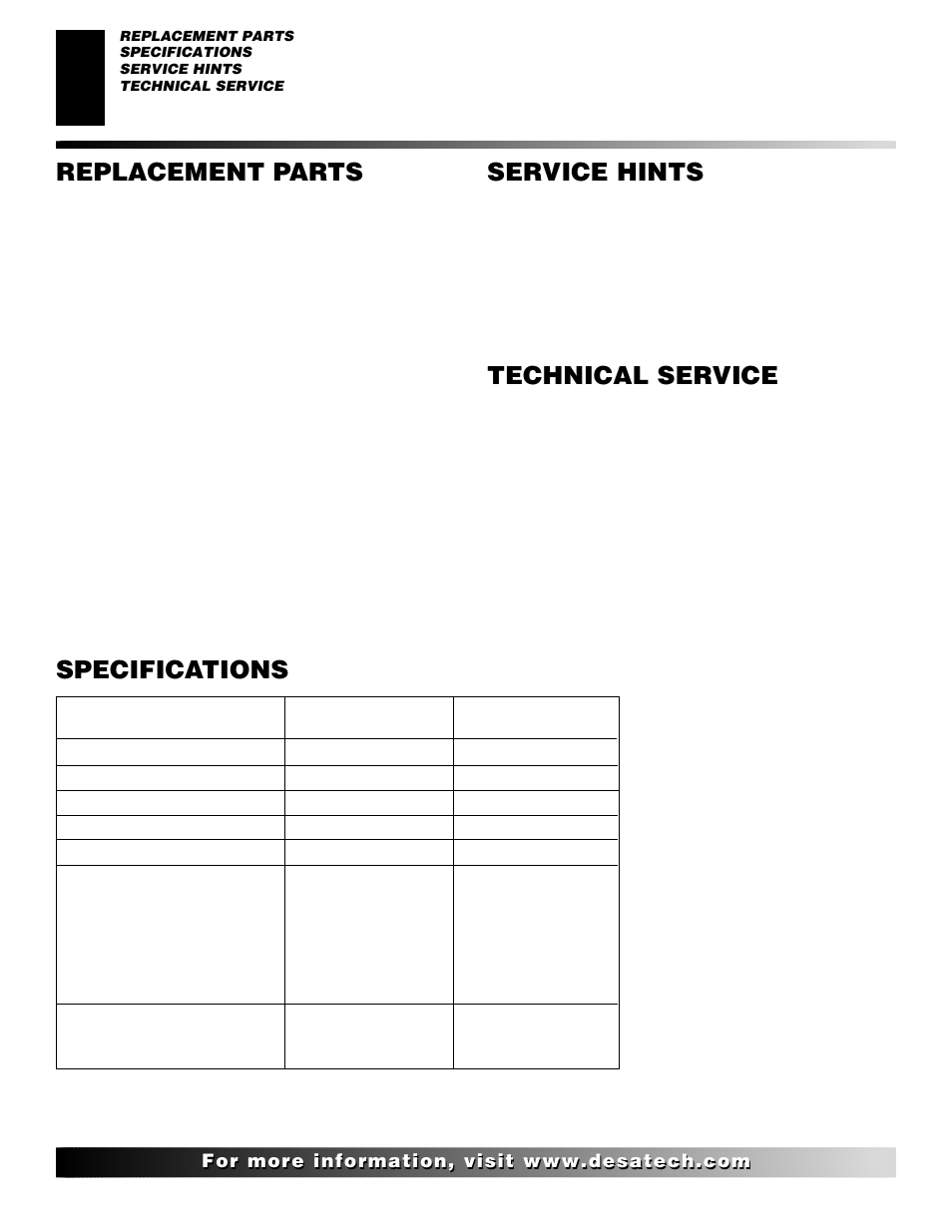 Specifications service hints, Technical service, Replacement parts | Parts under warranty, Parts not under warranty | Desa T32N User Manual | Page 34 / 38