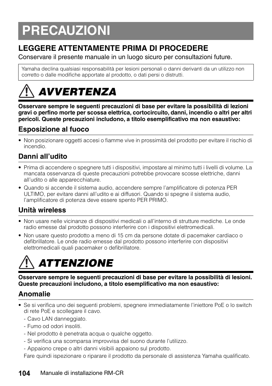 Precauzioni, Avvertenza, Attenzione | Leggere attentamente prima di procedere | Yamaha RM-CR Remote Conference Processor with Dante User Manual | Page 104 / 208