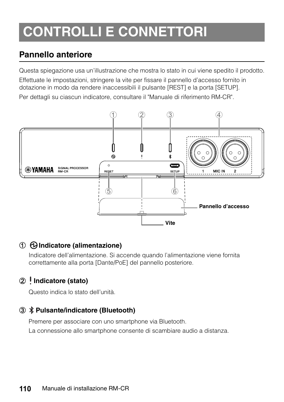 Controlli e connettori, Pannello anteriore | Yamaha RM-CR Remote Conference Processor with Dante User Manual | Page 110 / 208