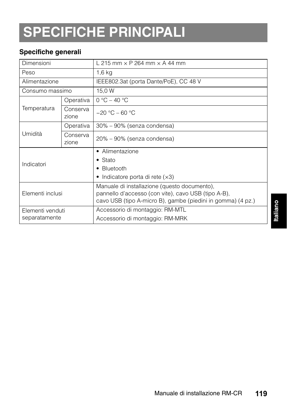 Specifiche principali | Yamaha RM-CR Remote Conference Processor with Dante User Manual | Page 119 / 208