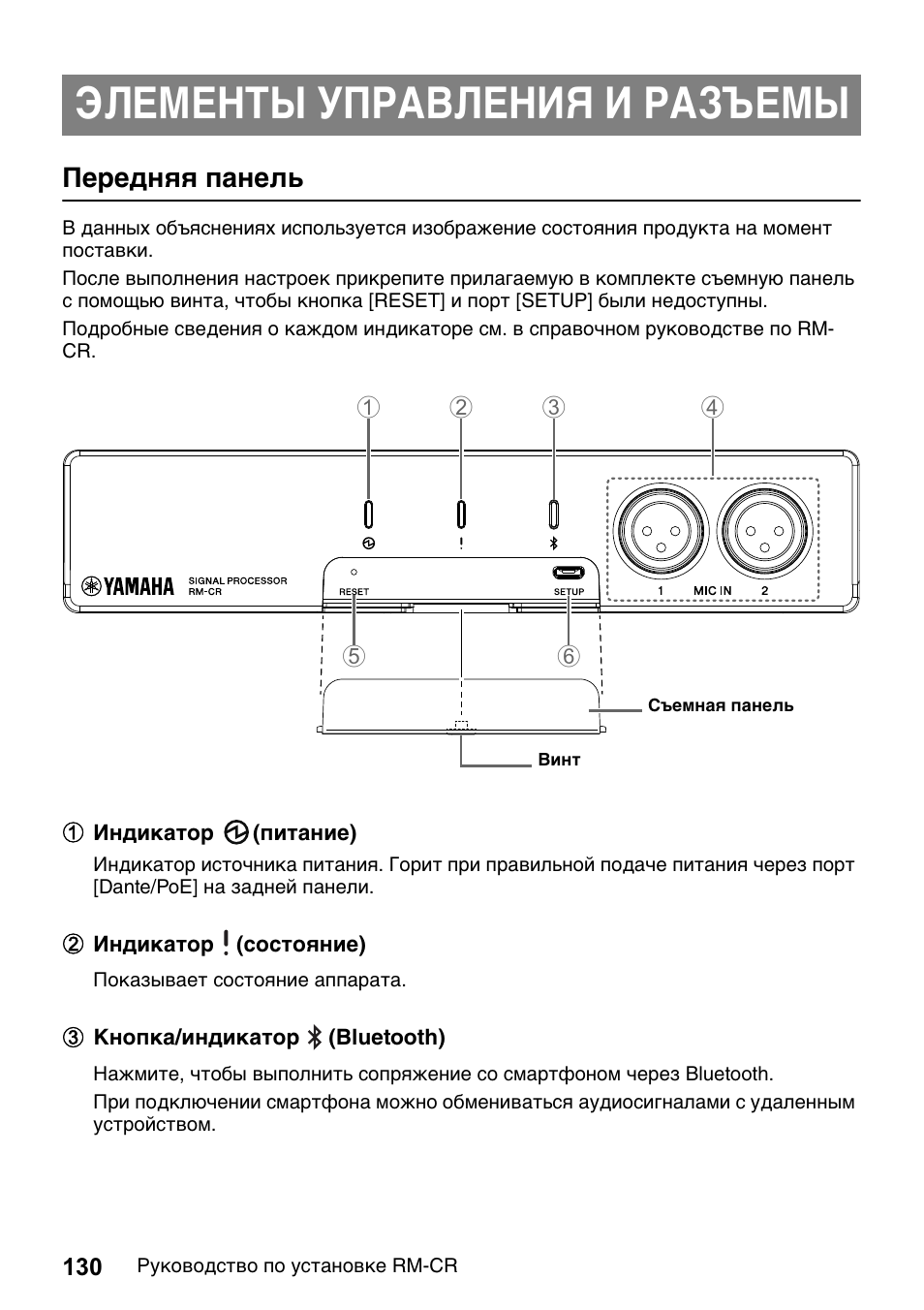 Элементы управления и разъемы, Передняя панель | Yamaha RM-CR Remote Conference Processor with Dante User Manual | Page 130 / 208