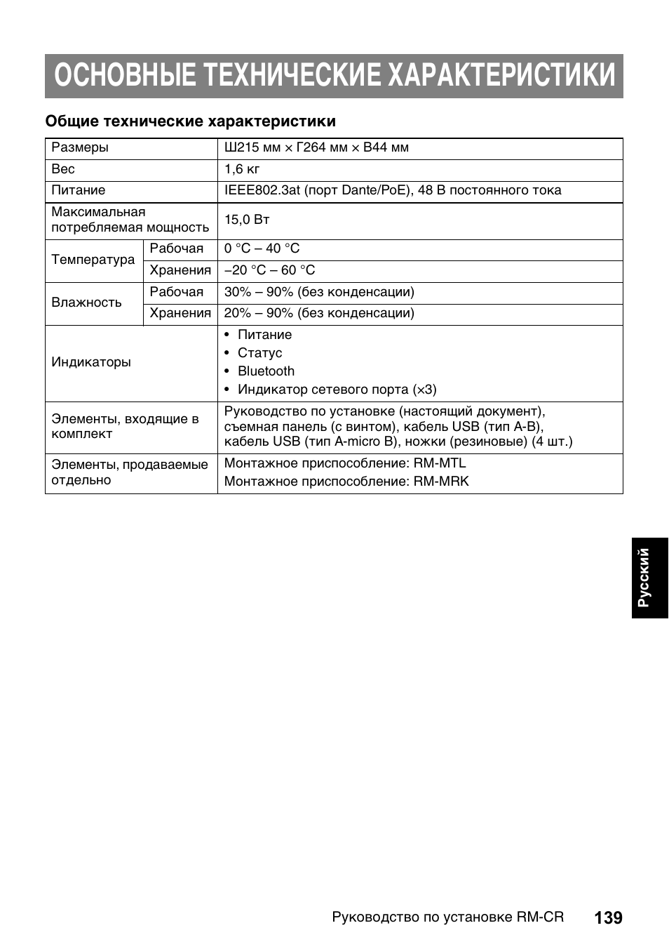 Основные технические характеристики | Yamaha RM-CR Remote Conference Processor with Dante User Manual | Page 139 / 208