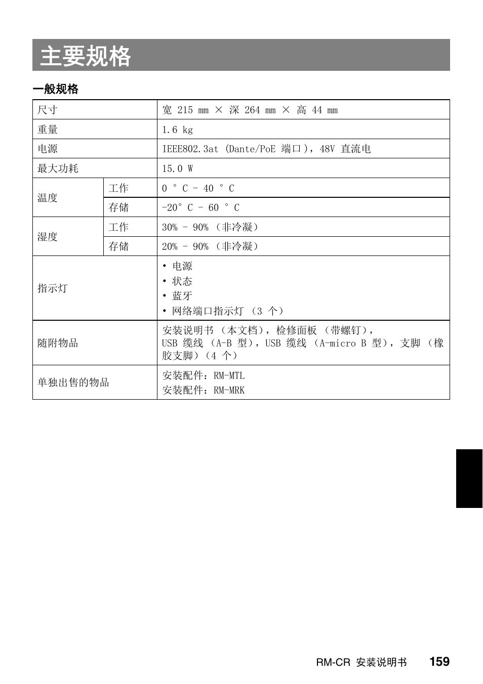 主要规格 | Yamaha RM-CR Remote Conference Processor with Dante User Manual | Page 159 / 208