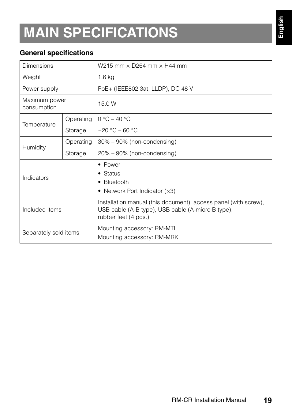 Main specifications | Yamaha RM-CR Remote Conference Processor with Dante User Manual | Page 19 / 208