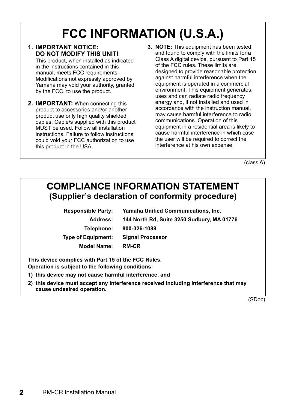 Fcc information (u.s.a.), Compliance information statement, Supplier ʼ s declaration of conformity procedure) | Yamaha RM-CR Remote Conference Processor with Dante User Manual | Page 2 / 208