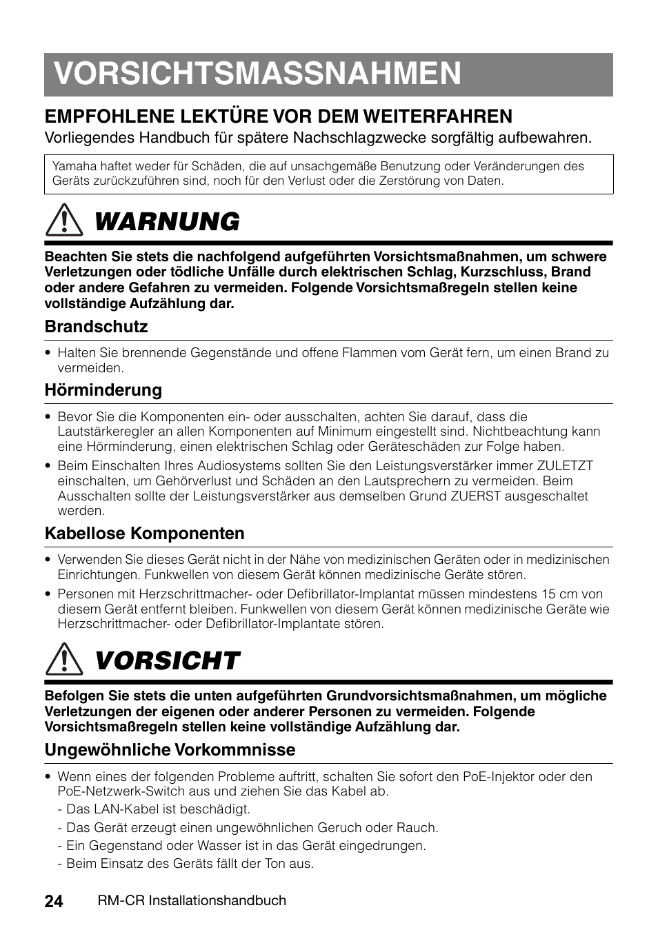 Vorsichtsmassnahmen, Warnung, Vorsicht | Empfohlene lektüre vor dem weiterfahren | Yamaha RM-CR Remote Conference Processor with Dante User Manual | Page 24 / 208