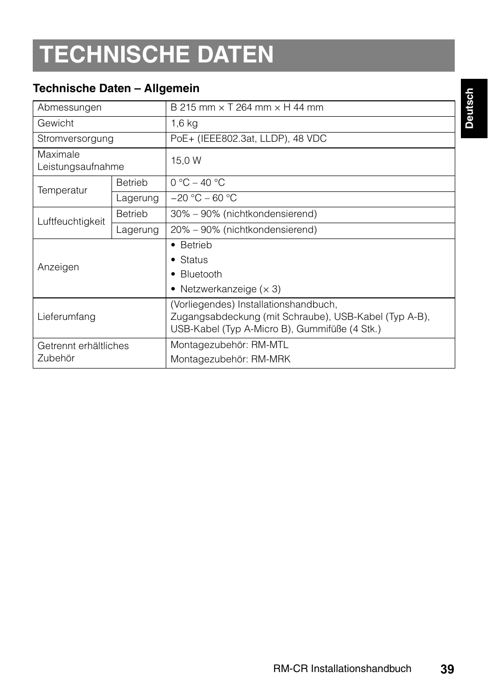 Technische daten | Yamaha RM-CR Remote Conference Processor with Dante User Manual | Page 39 / 208