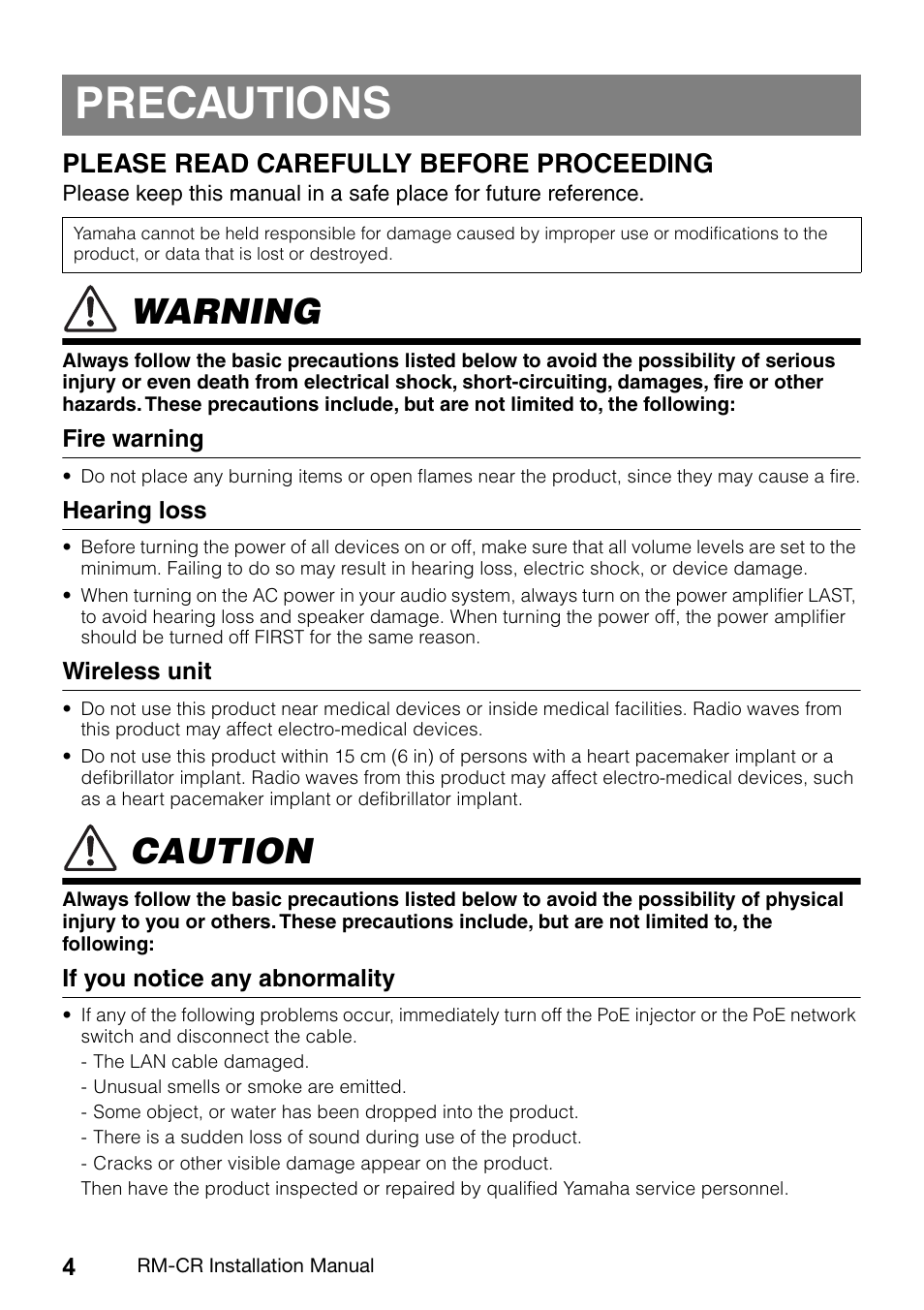 Precautions, Warning, Caution | Please read carefully before proceeding | Yamaha RM-CR Remote Conference Processor with Dante User Manual | Page 4 / 208