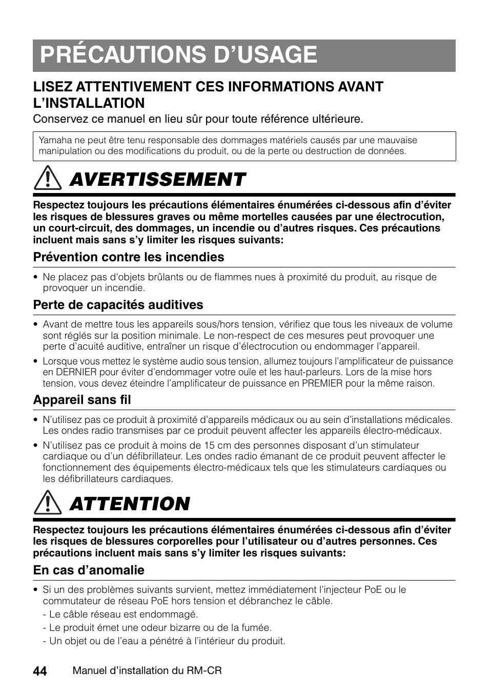 Précautions d’usage, Avertissement, Attention | Yamaha RM-CR Remote Conference Processor with Dante User Manual | Page 44 / 208