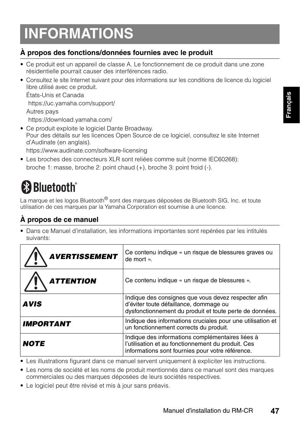 Informations | Yamaha RM-CR Remote Conference Processor with Dante User Manual | Page 47 / 208